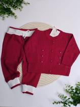 Conjunto de trico antialérgico pérolas calça + cardigã vermelho