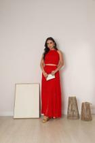 Conjunto de tricô feminino de verão Saia Longa e cropped rendado forrado linha premium estruturado