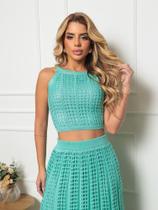 Conjunto de tricô feminino de verão Saia Longa e cropped rendado forrado linha premium estruturado