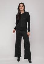 Conjunto de Tricot em Fio Botonê Blusa e Wide Leg Preto Salvatore