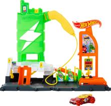 Conjunto de trilhas para carros de brinquedo Hot Wheels City Super Recharge com carregador EV Conjunto de trilhas para carros de brinquedo Hot Wheels City Super Recharge com carregador EV