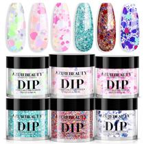 Conjunto de unhas Dip Powder AZUREBEAUTY 6 cores com rosa brilhante e azul Conjunto de unhas Dip Powder AZUREBEAUTY 6 cores com rosa brilhante e azul