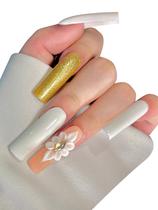 Conjunto de unhas falsas StarEidolon em forma de caixão branco pintado à mão