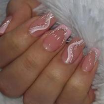 Conjunto De Unhas Postiças Destacáveis Com Design De Linha Francesa Rosa, Cobertura Total, 24 Peças,