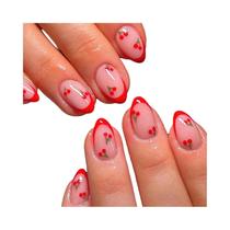 Conjunto De Unhas Postiças Vermelhas Com Borda De Cereja E Amêndoa, 24 Peças, Com Lixa E Kit De