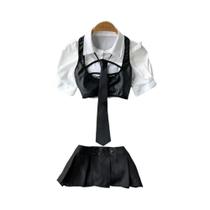 Conjunto De Uniforme Escolar Sexy Em Couro PU Com Mangas Bufantes, Top Com Renda E Saia Mini, 4