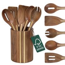 Conjunto de Utensílios Boxiki Kitchen em Madeira de Acácia 5 Peças com Suporte Conjunto de Utensílios Boxiki Kitchen em Madeira de Acácia 5 Peças com Suporte