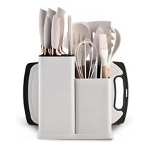 Conjunto de Utensílios de Cozinha 19 Peças Bege com Facas, Tábua e Porta Utensílios