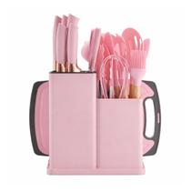 Conjunto de Utensílios de Cozinha 19 Peças Rosa com Facas, Tábua e Suporte Conjunto de Utensílios de Cozinha 19 Peças Rosa com Facas, Tábua e Suporte