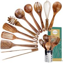 Conjunto de utensílios de cozinha AIUHI de madeira de teca com suporte (11)