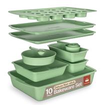 Conjunto de utensílios de cozinha Bakken-Swiss Green em aço carbono antiaderente de 10 peças