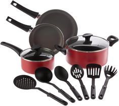 Conjunto de utensílios de cozinha BELLA de 12 peças: panelas e frigideiras com utensílios vermelhos