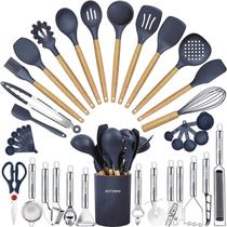 Conjunto de utensílios de cozinha BESTZMWK 35 unidades de silicone e madeira