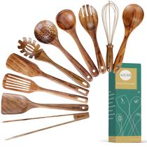 Conjunto de utensílios de cozinha, concha de espátula de madeira de teca natural (10)
