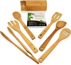 Conjunto de utensílios de cozinha de madeira - 7 peças ferramentas de cozimento de bambu e suporte - Colheres de cozimento e espátulas, ferramentas de cozinha - conjuntos de utensílios de ferramenta de madeira para panela antiaderente e panelas