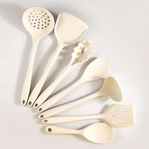 Conjunto De Utensílios De Cozinha De Silicone Bege Branco 7 Peças Resistente Ao Calor Espátula Gira