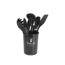 Conjunto de utensílios de cozinha de silicone com madeira, 10 peças pretas