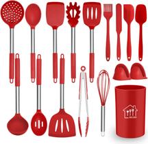 Conjunto de utensílios de cozinha de silicone, utensílios de cozinha 17 pcs conjunto de utensílios de cozinha, silicone resistente ao calor antiaderente, panela com alça de aço inoxidável - Vermelho