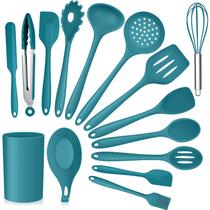 Conjunto de utensílios de cozinha E-far, 15 peças, silicone, azul azul-petróleo