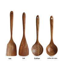 Conjunto de Utensílios de Cozinha em Madeira de Teca - Espátula, Escorredor de Arroz e Concha