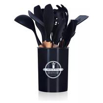 Conjunto de Utensílios de Cozinha em Silicone e Cabo de Madeira Antiaderentes C/12 Peças Preto - 4You