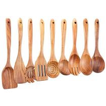 Conjunto de utensílios de cozinha Gudamaye 9 peças de madeira de teca natural