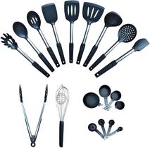 Conjunto de utensílios de cozinha home &amp Kitchen Essentials - Non Stick Silicone Kitchen Utensils Set - Alças de aço inoxidável, resistente ao calor, livre de BPA e cofre de lava-louças (preto, 19 peças)