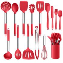 Conjunto de utensílios de cozinha LIANYU de 15 peças com suporte vermelho silicone
