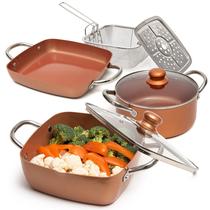 Conjunto de utensílios de cozinha, potes e frigideiras de cobre com musgo e pedra, 7 unidades