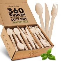Conjunto de utensílios de madeira descartáveis, 360 unidades (120 garfos, 120 colheres, 120 facas)