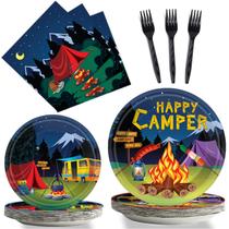 Conjunto de utensílios de mesa e suprimentos para festas de acampamento Happy Camper 96 unidades Conjunto de utensílios de mesa e suprimentos para festas de acampamento Happy Camper 96 unidades
