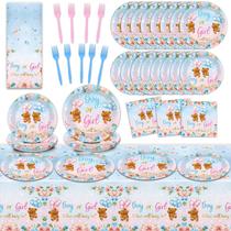 Conjunto de utensílios de mesa Gender Reveal Teddy Bear ZOIIWA com toalha de mesa Conjunto de utensílios de mesa Gender Reveal Teddy Bear ZOIIWA com toalha de mesa