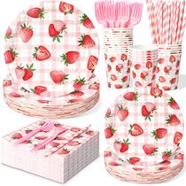 Conjunto de utensílios de mesa Kinovo Strawberry Plates, guardanapos, copos, serve 24