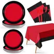 Conjunto de utensílios de mesa para decorações de festa, vermelho, preto, 98 unidades, serve 24