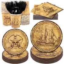 Conjunto de utensílios de mesa pirata Durony Treasure Theme Party 144 peças Conjunto de utensílios de mesa pirata Durony Treasure Theme Party 144 peças