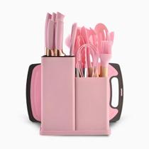 Conjunto de Utensílios de Silicone 19 Peças com Facas Inox, Tábua e Porta-Utensílios Resistentes ao Calor