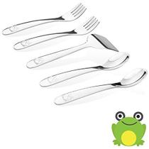 Conjunto de utensílios para bebês Kiddobloom, 5 peças, sapo de aço inoxidável Conjunto de utensílios para bebês Kiddobloom, 5 peças, sapo de aço inoxidável