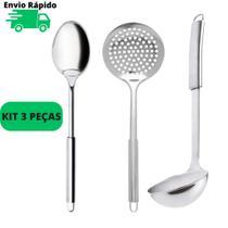 Conjunto De Utensílios Para Cozinha 100% Aço Inox Com Concha Escumadeira Colher Arroz Presente