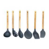 Conjunto de Utensílios para Cozinha Yazi em Silicone Resistente e Cabo Madeira Acácia 6 Peças Elite