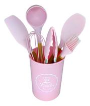 Conjunto De Utensílios Rosa 7pçs Silicone Madeira - Baccani