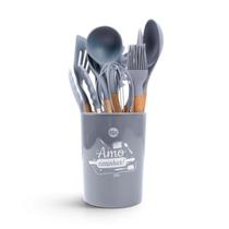 Conjunto de utensílios silicone 12 peças com suporte cinza - Dolce Home