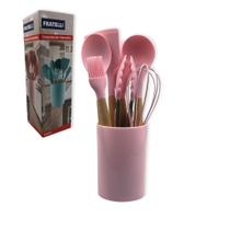 Conjunto de Utensílios Silicone 8 Peças - Não Risca as Panelas Cabo Madeira Leves e Resistentes