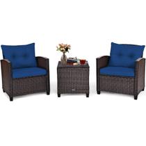 Conjunto de Varanda Tangkula 3 Peças Sofá de Rattan PE com Almofadas Azuis Conjunto de Varanda Tangkula 3 Peças Sofá de Rattan PE com Almofadas Azuis