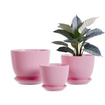 Conjunto de vasos de flores para plantas decorativas de interior em cerâmica rosa com pires