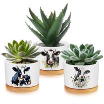 Conjunto de vasos de plantas Jingmore Cow Decor Ceramic com bandeja de bambu x3