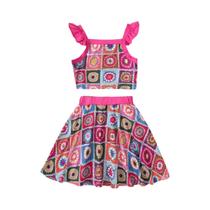 Conjunto De Verão Estilo Étnico Boêmio Para Meninas, Saia A-Line Estampada E Camiseta Com Mangas