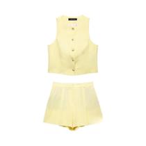 Conjunto De Verão Feminino Amarelo Manteiga Casual Chic Com Top Sem Mangas E Calças Curtas Com Zíper Conjunto De Verão Feminino Amarelo Manteiga Casual Chic Com Top Sem Mangas E Calças Curtas Com Zíper