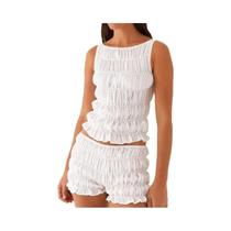 Conjunto De Verão Feminino Com Top Sem Mangas E Calças Curtas Com Ruchado Estilo Praia 2 Peças