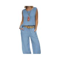 Conjunto De Verão Feminino Em Algodão E Linho Com Top Sem Mangas E Calças De Perna Larga