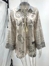 Conjunto De Verão Feminino Em Cetim Com Estampa Graffiti E Franjas, Camisa De Manga Longa Com Decote